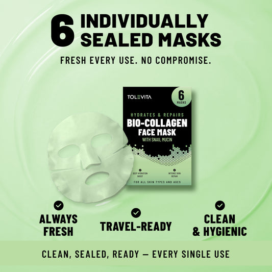 Bio-Collagen Hydrogel Face Mask, Hydrating & Repairing Mask with Snail Mucin & Hyaluronic Acid, 6 Masks