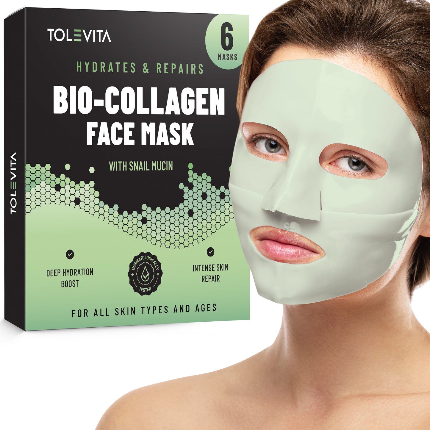 Bio-Collagen Overnight Face Mask, Hydrating & Repairing Sheet Mask with Snail Mucin & Hyaluronic Acid, 6 Masks