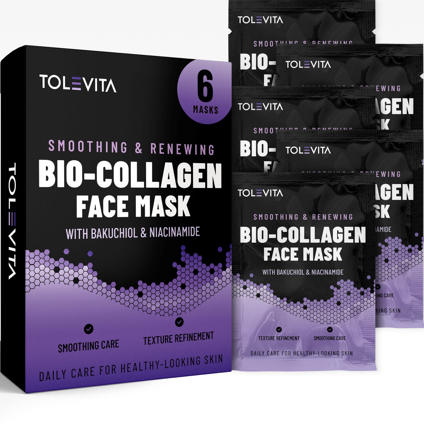 Bio-Collagen Hydrogel Face Mask, Smoothing & Renewing Mask with Bakuchiol & Niacinamide, 6 Masks