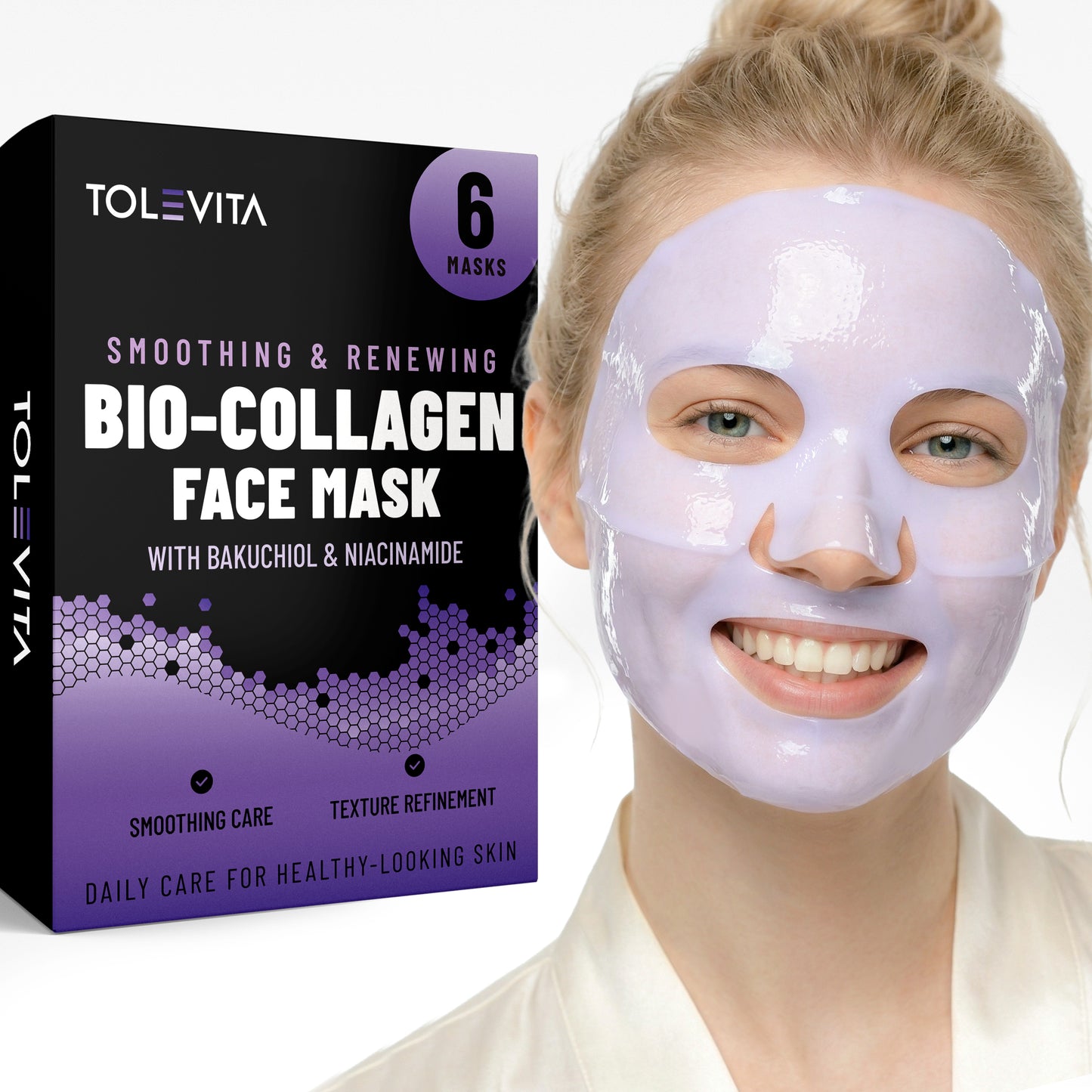 Bio-Collagen Hydrogel Face Mask, Smoothing & Renewing Mask with Bakuchiol & Niacinamide, 6 Masks