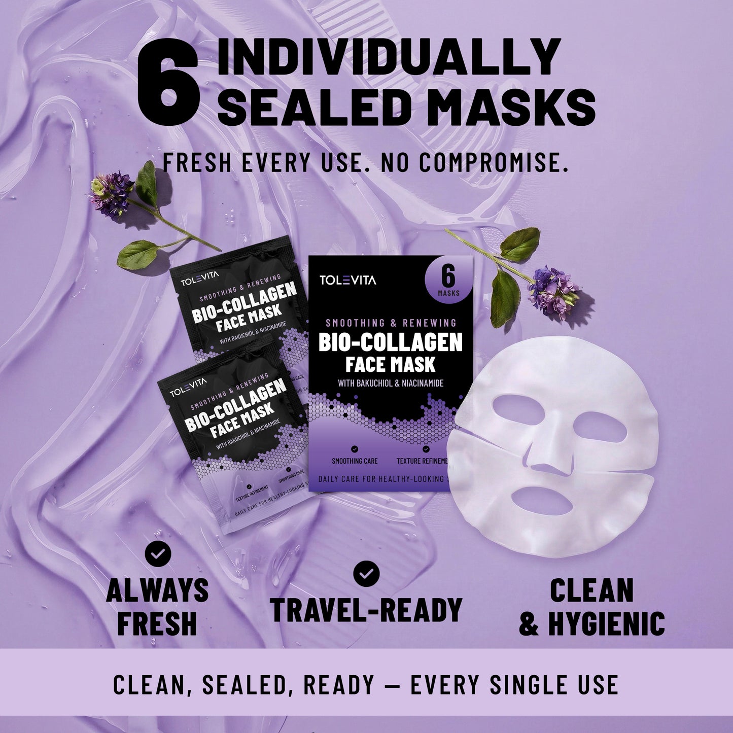 Bio-Collagen Hydrogel Face Mask, Smoothing & Renewing Mask with Bakuchiol & Niacinamide, 6 Masks