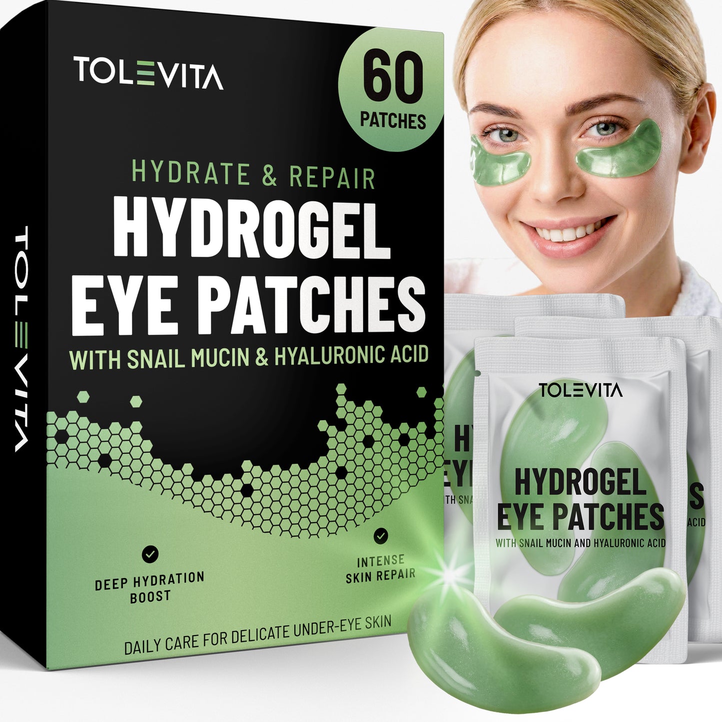 Hydrogel Eye Patches, Hydrating & Repairing Under Eye Masks with Snail Mucin & Hyaluronic Acid, 60 Patches