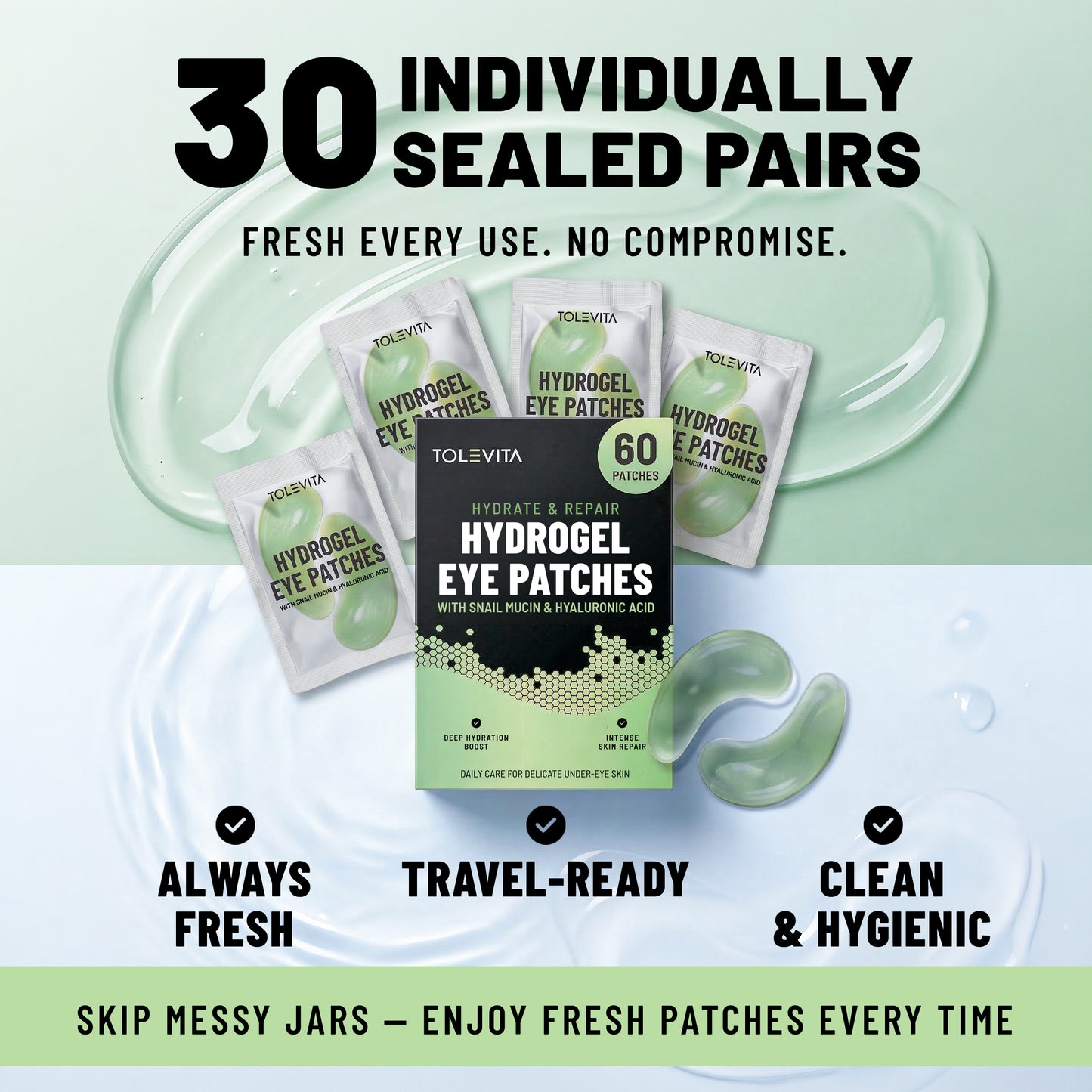 Hydrogel Eye Patches, Hydrating & Repairing Under Eye Masks with Snail Mucin & Hyaluronic Acid, 60 Patches