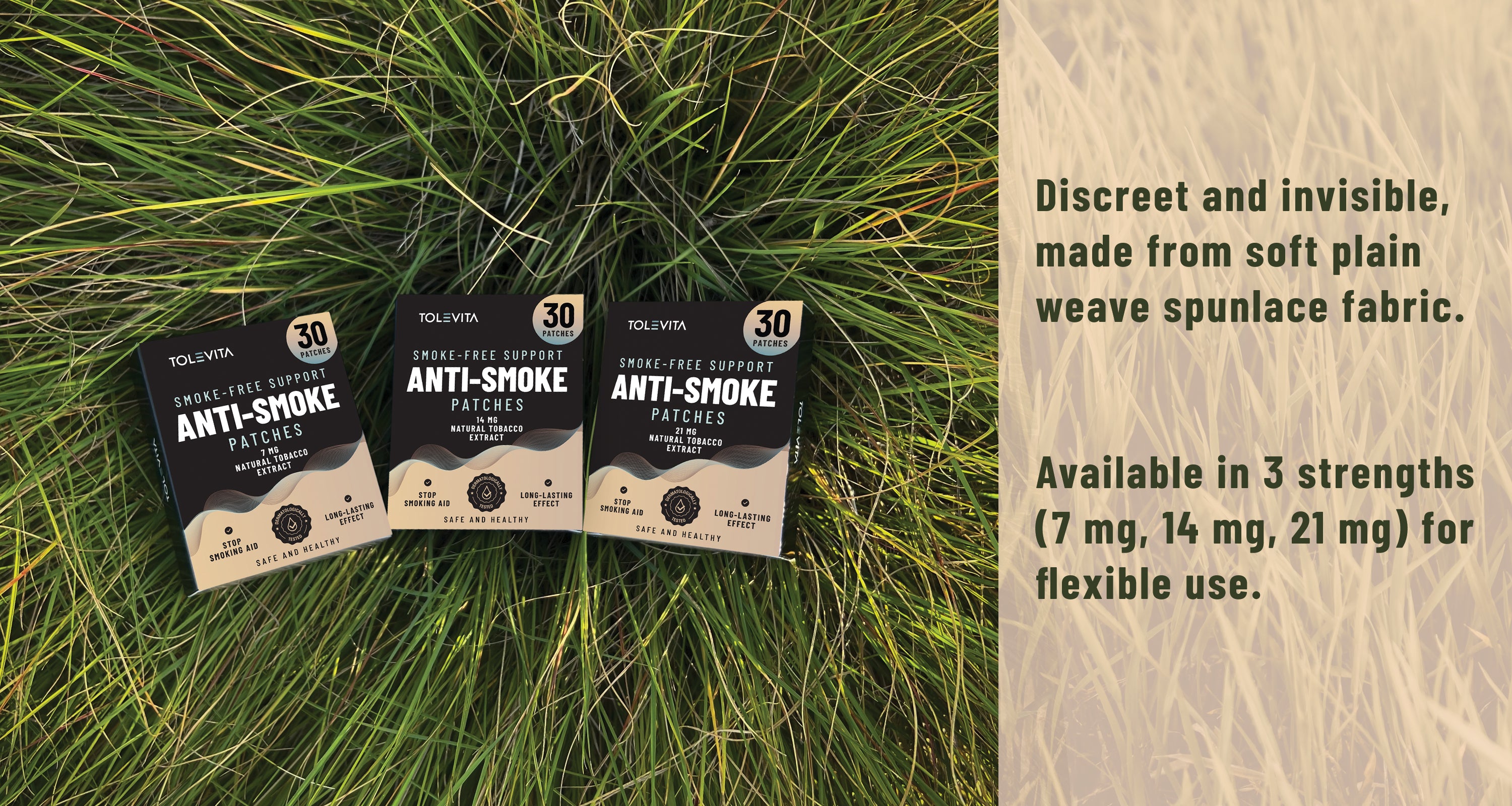 Three packages of anti-smoke patches on grass with descriptive text about the product.