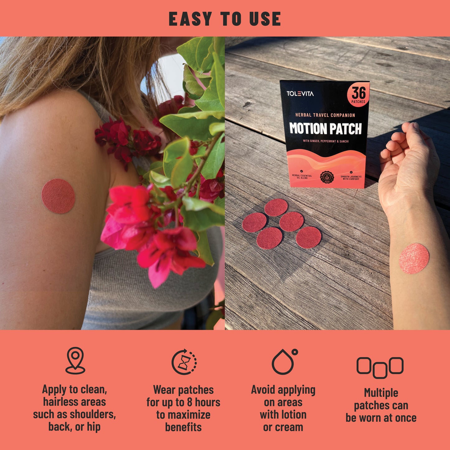 Motion Sickness Patches Herbal Essential Oil Patch with Ginger, Peppermint & Sanchi, 36 patches