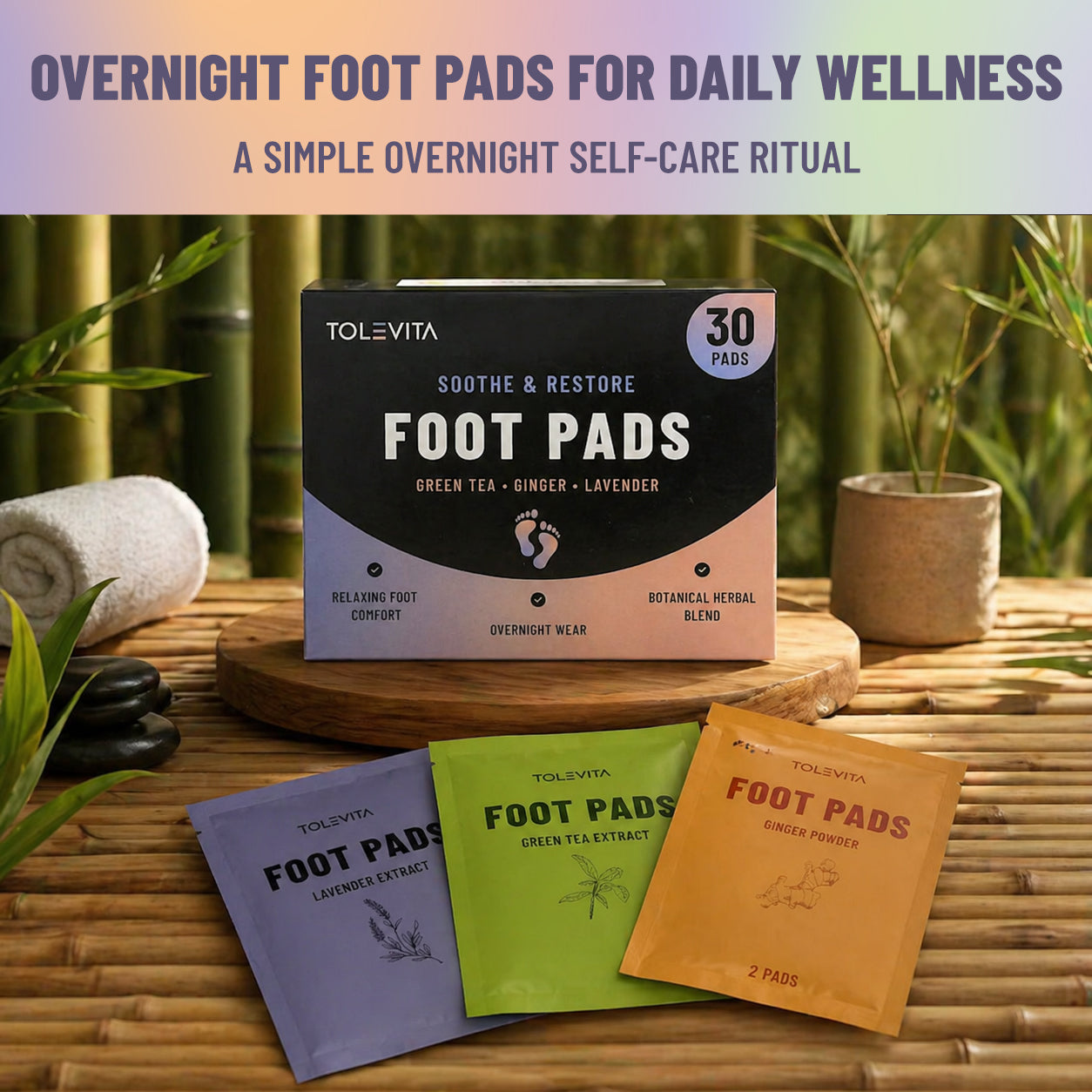 Foot Pads, Overnight & Soothing Foot Pads for Relaxation & Nighttime Comfort with Green Tea, Ginger & Lavender, 30 Pads