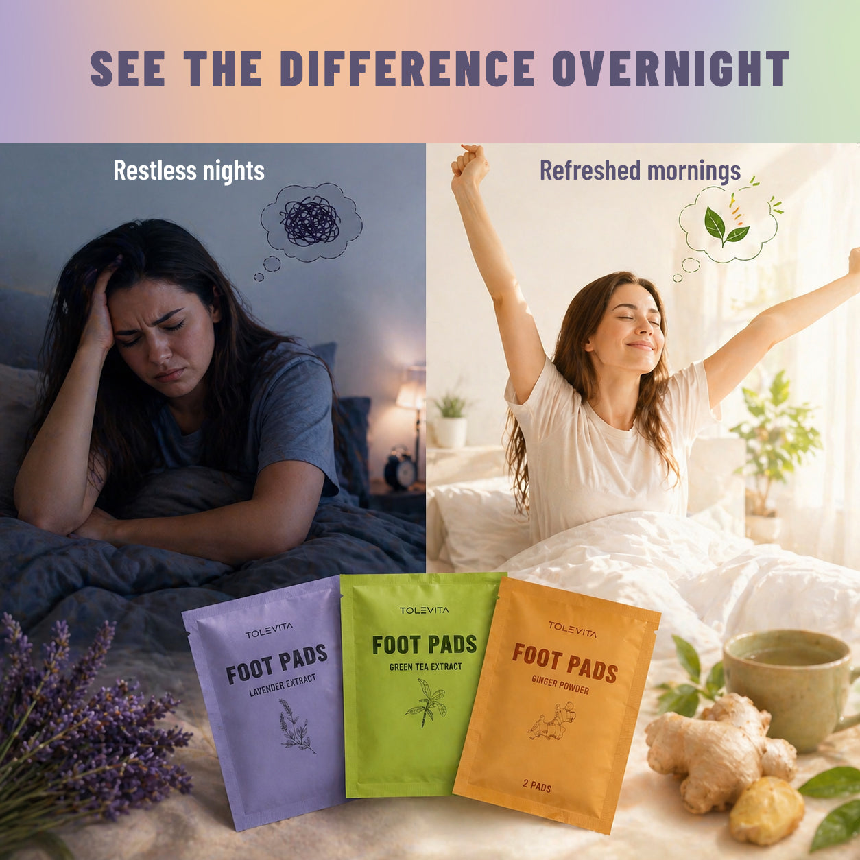 Foot Pads, Overnight & Soothing Foot Pads for Relaxation & Nighttime Comfort with Green Tea, Ginger & Lavender, 30 Pads