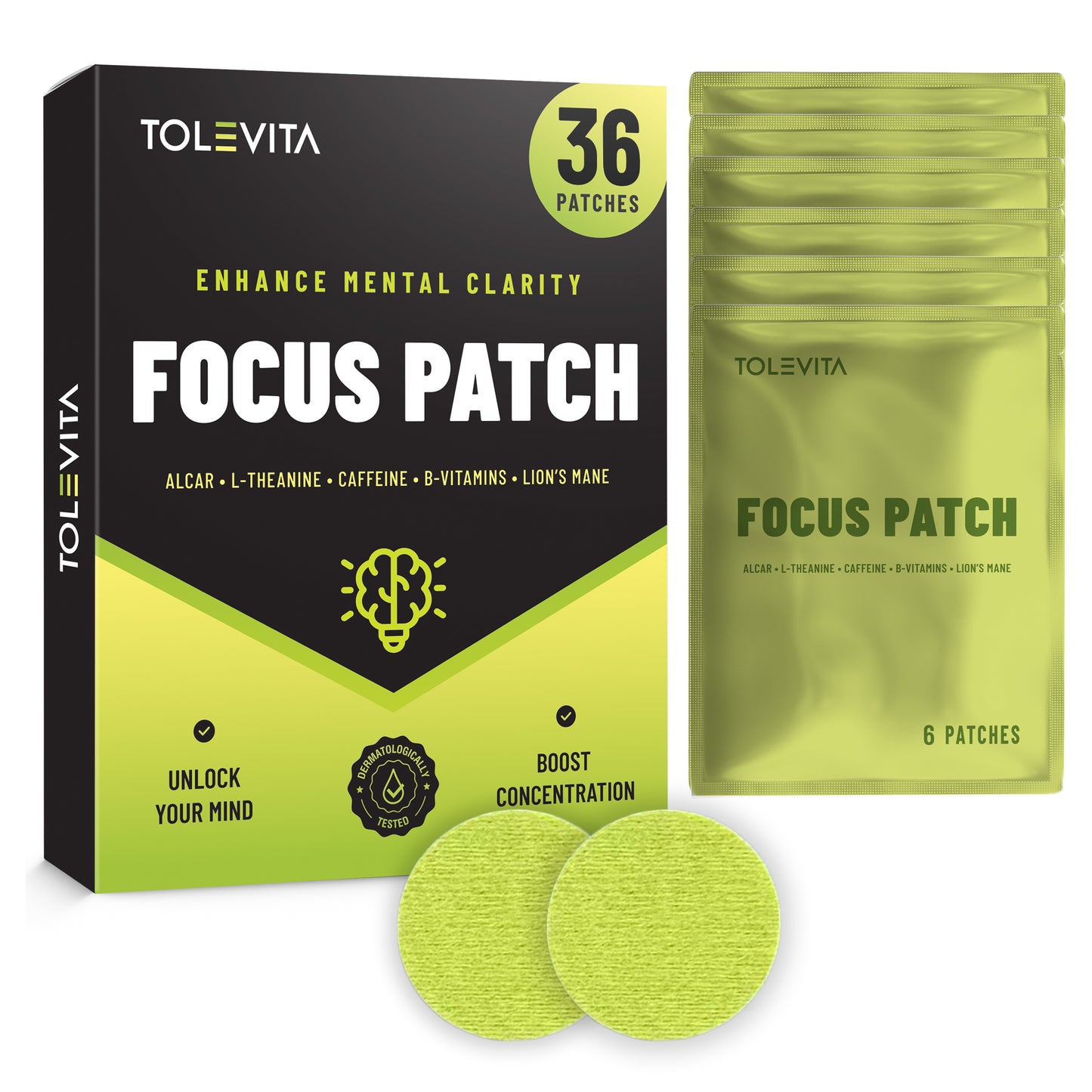 Focus Patches Mental Clarity & Energy with ALCAR, Caffeine, L-Theanine, B-Vitamins, Lion’s Mane, 36 patches