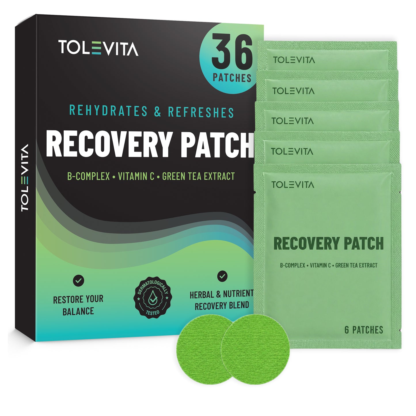 Recovery Patches – Rehydrate & Refresh with B-Complex, Vitamin C & Green Tea Extract, 36 Patches