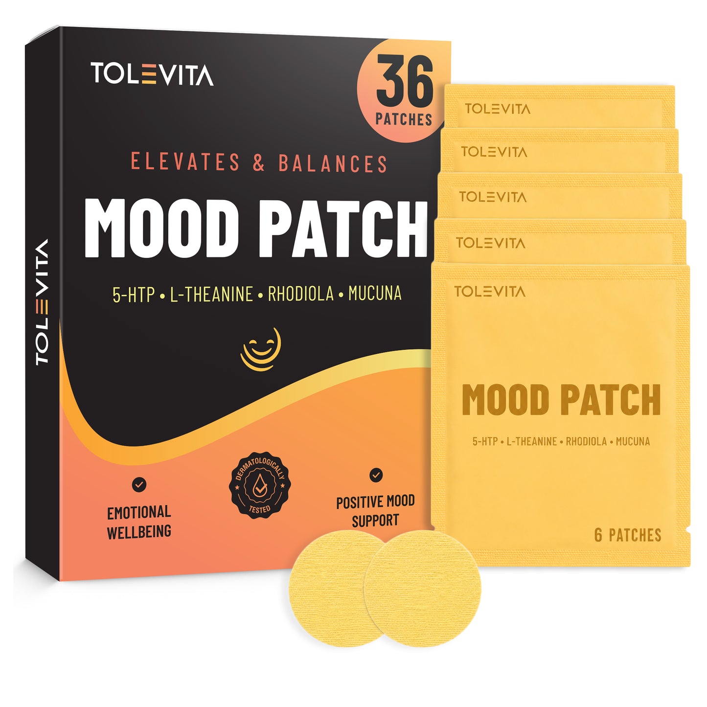Mood Patches, Daily Mood & Emotional Wellbeing Support with 5-HTP, L-Theanine, Rhodiola & Mucuna, 36 Patches