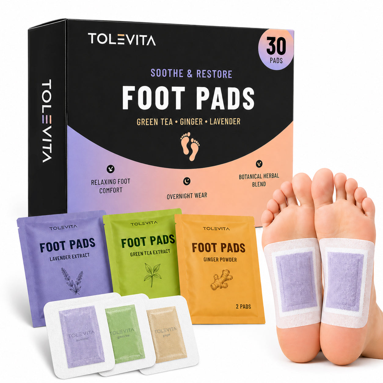 Foot Pads, Overnight & Soothing Foot Pads for Relaxation & Nighttime Comfort with Green Tea, Ginger & Lavender, 30 Pads