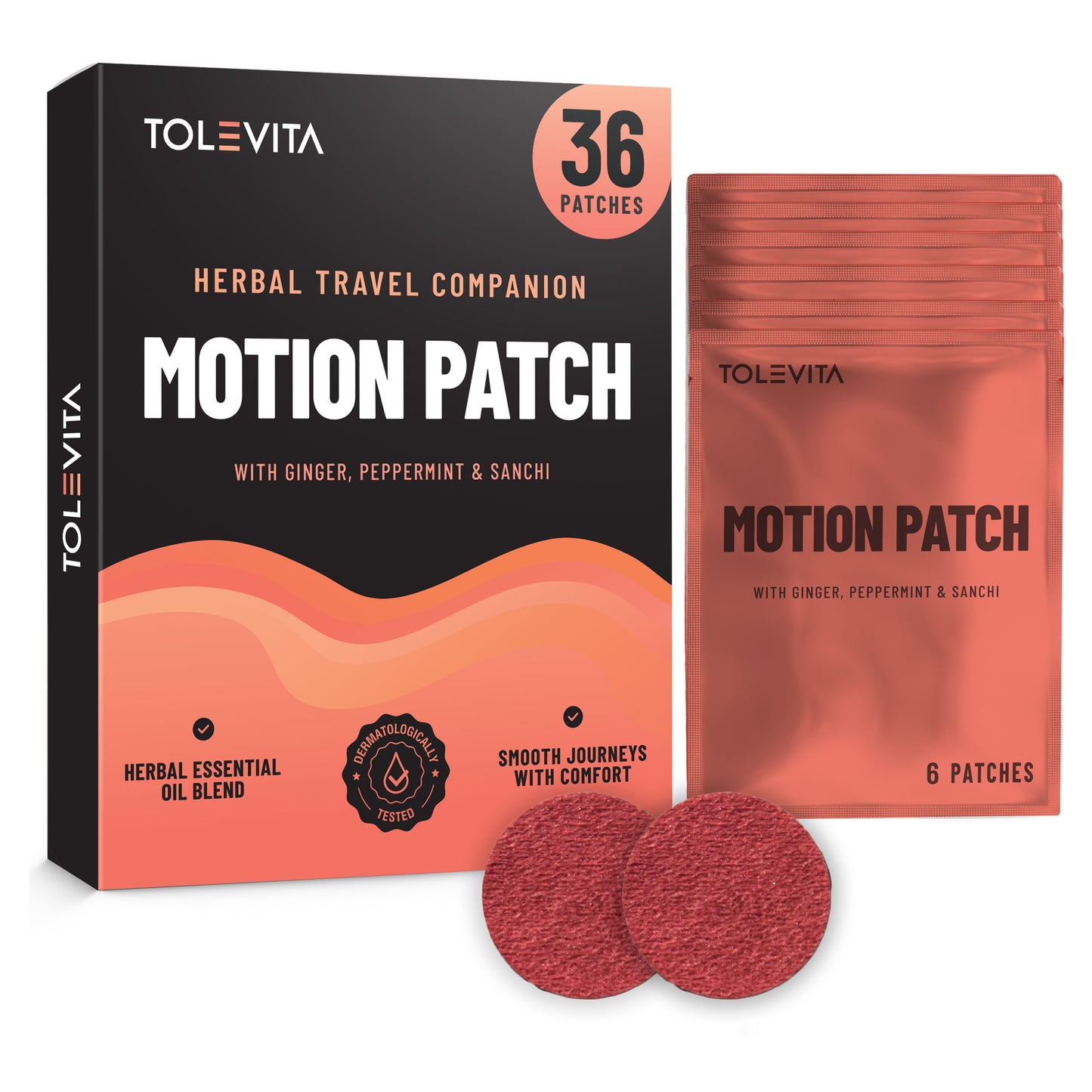 Motion Sickness Patches Herbal Essential Oil Patch with Ginger, Peppermint & Sanchi, 36 patches